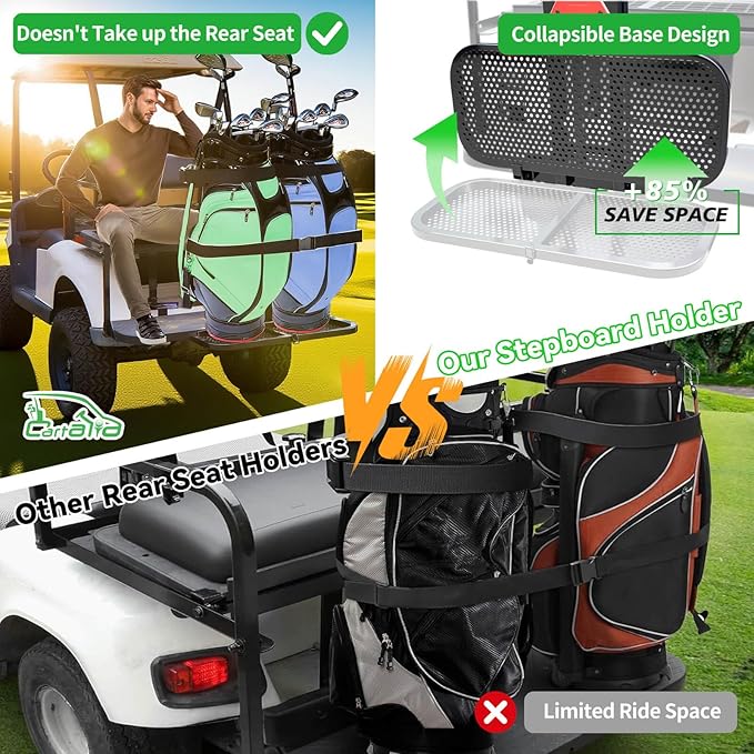 Golf Cart Bag Holder Bracket Upgraded Metal Attachment for 2+2 Rear Seat with 1 Inch Square Rail Golf Cart, No Drilling Required Golf Bag Rack for EZGO Club Car Yamaha Included All Hardware