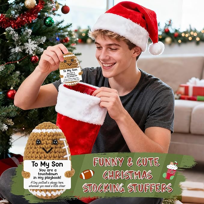 Mini Funny Son Gifts from Mom Dad, Birthday Gifts for Adults Boys Bonus Step, Positive Football Doll Cheer Up Presents with Inspirational Card, Handmade Emotional Crochet Football for Graduation