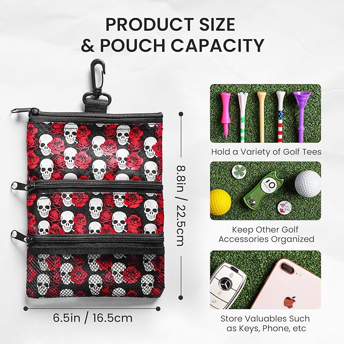 FINGER TEN Golf Pouch Bag for Valuables Tee Color with 4 Golf Pencil Pack, Zippered Pocket Gear Clip Hook to Bag