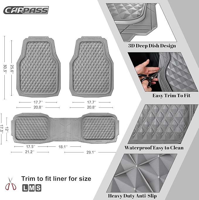 CAR PASS Heavy Duty Rubber Car Mats, Gray Deep Dish All-Weather Car Floor Mat Full Set Durable Anti-Slip 3D Rhombus Waterproof Trim Fit Liner Universal Fit Automotive,Sedan,SUV,Truck, 3 Pcs Light Gray