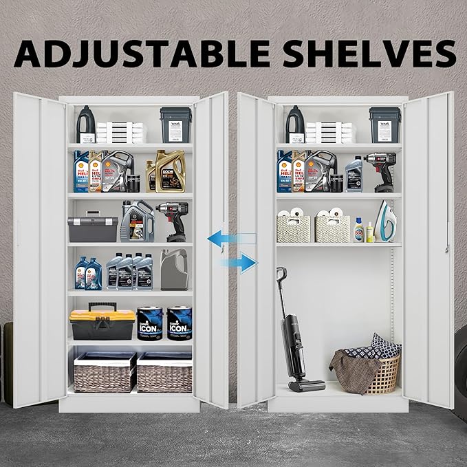 CJF Metal Storage Cabinets with 5 Adjustable Shelves, 71" H Locking Storage Cabinet for Garage, Office, School - White