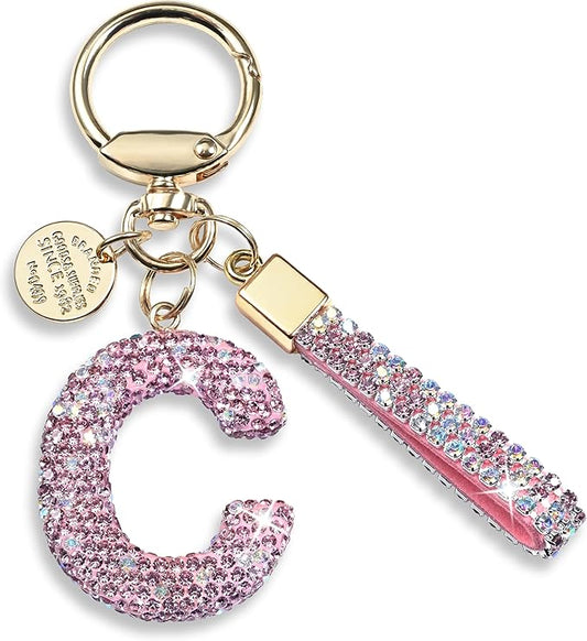 Pink Blue White Initial Letter Keychain Gift for Women Girls Bling Sparkly Cute Backpack Car Key Accessories Lanyard