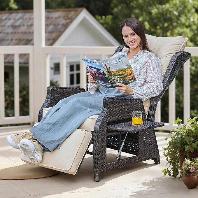 Outdoor Recliner with Adjustable Backrest and Footrest, PE Rattan Lounge Chair - Image 7