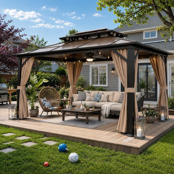 10'x13' Hardtop Gazebo, Outdoor Polycarbonate Double Roof Canopy, Aluminum - Image 7