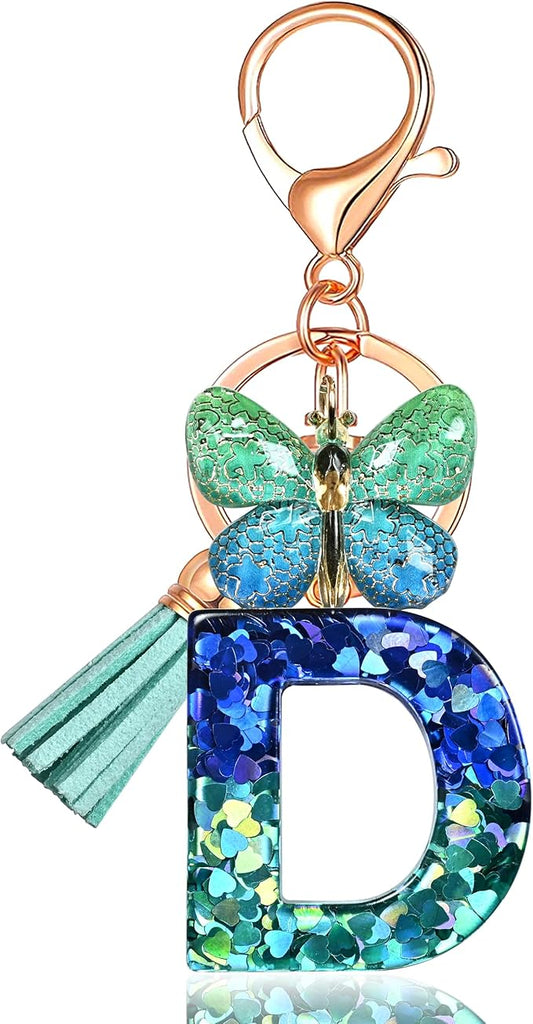 JINGUAZI Initial letter Keychains for Women Tassel Butterfly Pink Purple Cute Car Keychain for Wallet Backpack bag charm