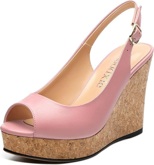 Womens Peep Toe Wedge Heels Matte Fashion Cork Slingback Pumps Platform Wedge Sandals 3.94 Inches