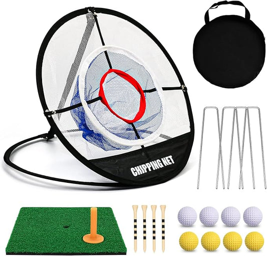 Pop Up Golf Chipping Net & Mat, Target Practice Set - 8 Balls, 4 Tees, Collapsible for Indoor/Outdoor Swing Training