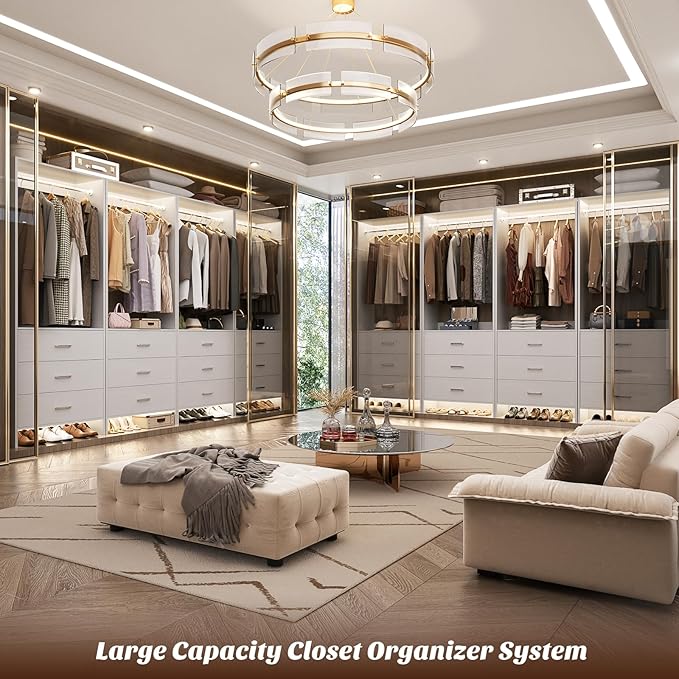 Aheaplus Closet System Closet Organizer, Wood Closets Organizer System, Walk-in Closet or Wardrobe, Clothes Rack with Hanging Rods, 8FT Closets, Set of 4, White