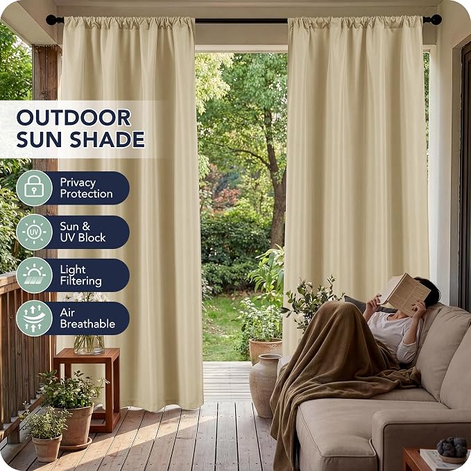 Patio Curtains Outdoor Waterproof, 4 Panels, Rod Pocket Sunshades | - Image 3