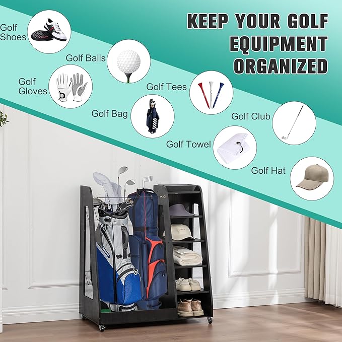 CHARMMA Golf Bag Organizer for Garage, Premium Wooden Golf Clubs Storage Rack Fit 2 Golf Bags, Golf Trunk Organizer for Car Garage Club Shed Basement,35.50x18.00x40.00in
