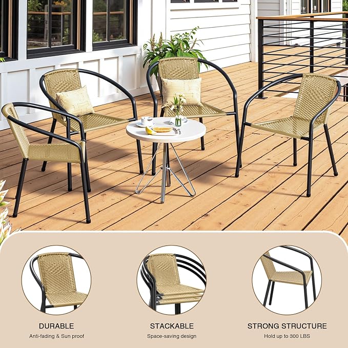 4 Pack Patio Stackable Rattan Chairs, Indoor-Outdoor Restaurant Bistro Wicker - Image 5
