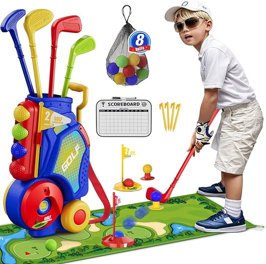 Toddler Golf Set 2-4 Years, Kids Golf Club with 8 Balls, 4 Plastic Clubs, Putting Mat, Scoreboard, Storage Bag, Indoor Outdoor Game with Golf Cart Sport Toy Gift for Baby Boys Girls Age 3-5, Blue