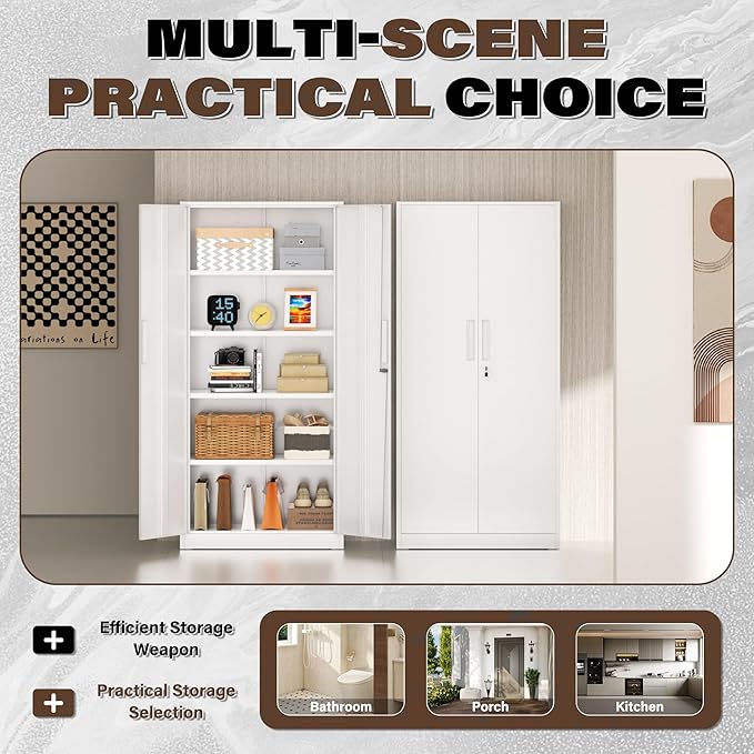 Incbruce 72” Metal Storage Cabinet, Locking Tall Steel Storage Cabinet with 2 Doors and 4 Adjustable Shelves for Garage, Home, Office (White)