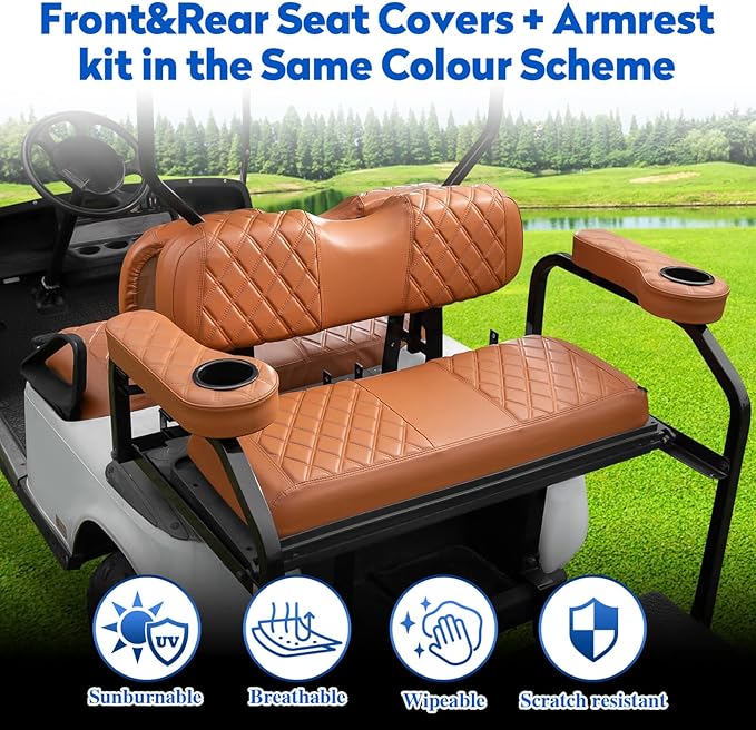 NOKINS Golf Cart Seat Covers for Club Car DS 2000.5-Up, Vinyl Front&Rear Seat Cover with Flip-Up Armrests kit, with Cup Holder, for 1" Square Tube (All Brown)