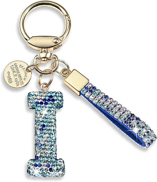 Pink Blue White Initial Letter Keychain Gift for Women Girls Bling Sparkly Cute Backpack Car Key Accessories Lanyard