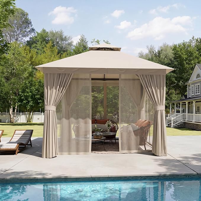 Aoxun 10x10FT Metal Frame Outdoor Gazebo, Khaki | UPF50+ Protection 50×50mm by Aoxun