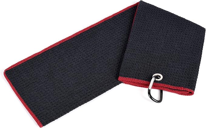 Mile High Life Microfiber Waffle Pattern Golf Towel | Club Groove Cleaner Brush | Foldable Divot Tool with Magnetic Ball Marker (Black w/red Towel/Brush/Curve Divot)