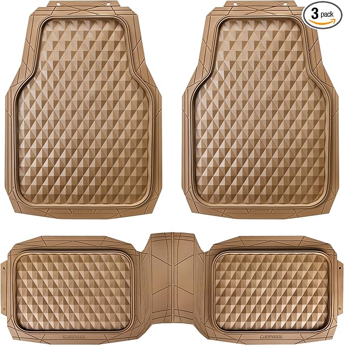 CAR PASS Heavy Duty Rubber Car Mats, Deep Dish All-Weather Floor Mat for Car Full Set Durable Anti-Slip 3D Rhombus Waterproof Trim to Fit Liner Universal Fit Automotive,Sedan,SUV,Truck, 3 Piece Beige