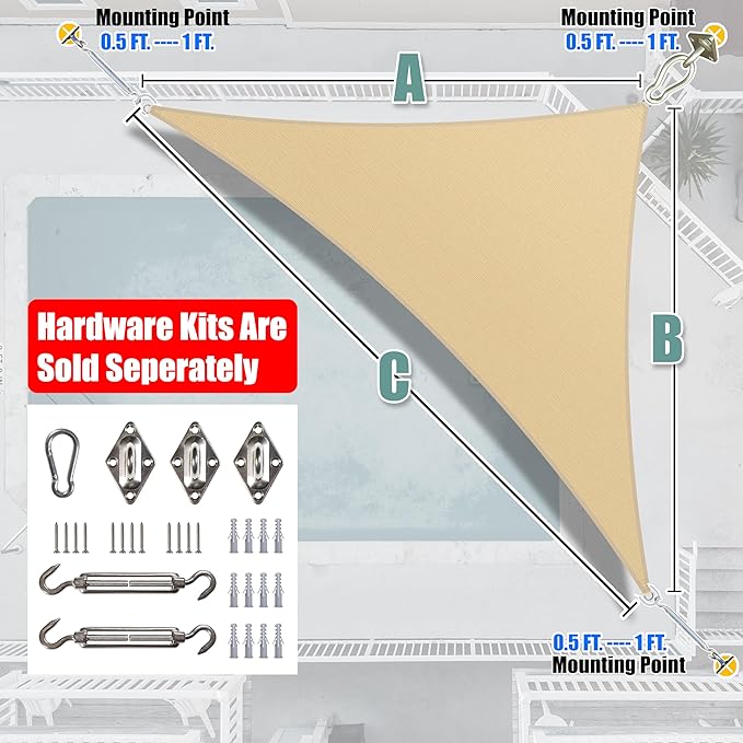 Amgo Custom Size 7' x 10' x 12.2' Beige Right Triangle Sun Shade Sail UPF50+ - Image 6