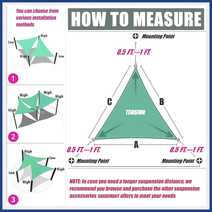 5' x 5' x 5' Black Sun Shade Sail UPF50 Triangle SMTAPT12 Canopy Fabric Cloth - Image 6