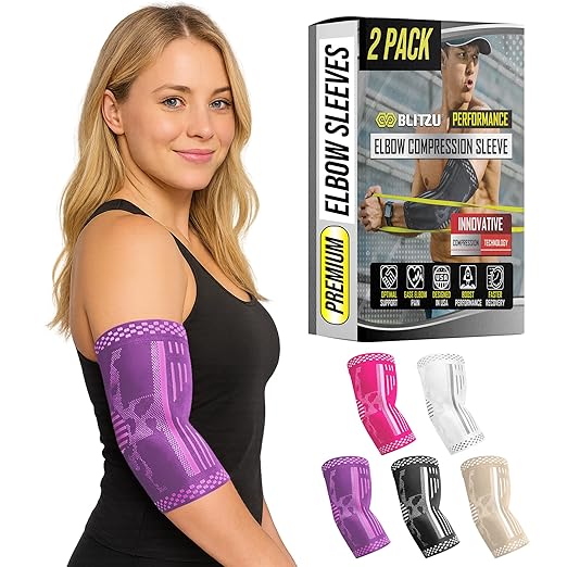 BLITZU Elbow Compression Sleeve for Tendonitis 2 Pack, Tennis Elbow Brace Support for Men and Women Golfers Elbow Pain Relief, Arthritis, Bursitis, Arm Brace for Workout, Weightlifting Purple L