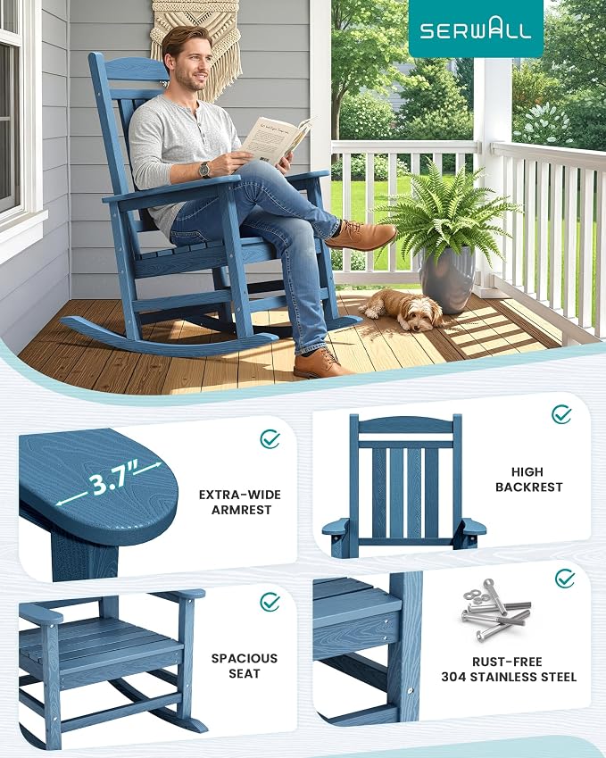 SERWALL Rocking Chair Outdoor, Oversized Patio Rocking Chairs, Porch Rocker - Image 7