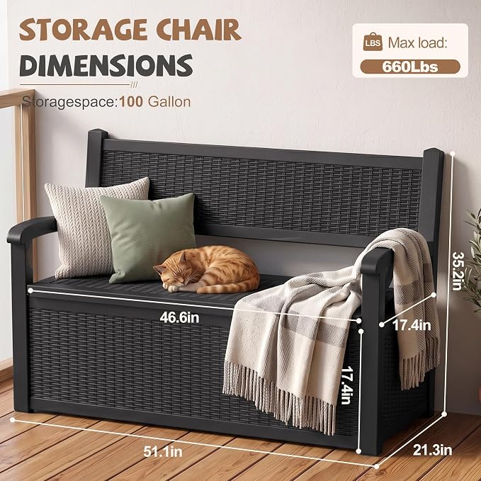EFU Outdoor Bench Storage Deck Box, 100 Gallon Waterproof Wicker | Patio - Image 3