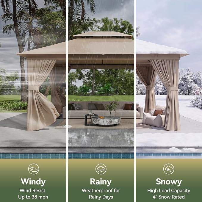 12'x10' Gazebo with Light, Outdoor Gazebo with Double Roofs | Metal Frame Canopy - Image 3