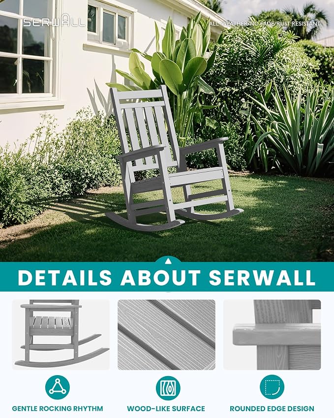 SERWALL Outdoor Rocking Chair for Adults, Sliver Gray | 21.1" Widened Seat adds - Image 3