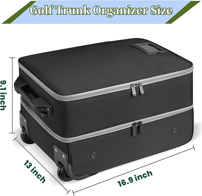 Golf Trunk Organizer with Wheels, 2 Layer Waterproof Golf Organizer for Car, Separate Ventilated Compartment for 2 Pair Shoes, Storage for Clothes & Accessories, Golf Gifts for Men & Accessory ﻿