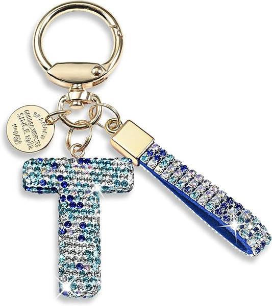 Pink Blue White Initial Letter Keychain Gift for Women Girls Bling Sparkly Cute Backpack Car Key Accessories Lanyard