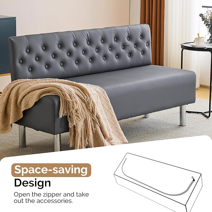OmySalon Waiting Room Bench with Back, 58.6’’ Office Guest Chair Upholstered Reception Seating, Lobby Furniture for Beauty Salon Barbershop Airport Bank Hall Room Conference, Button Tufted, Gray
