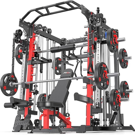 Smith Machine，Multi-Function Squat Rack Power Cage with Cable Crossover System,with Optional Weight Bench, Olympic Barbell Weight Set, for Home Gym