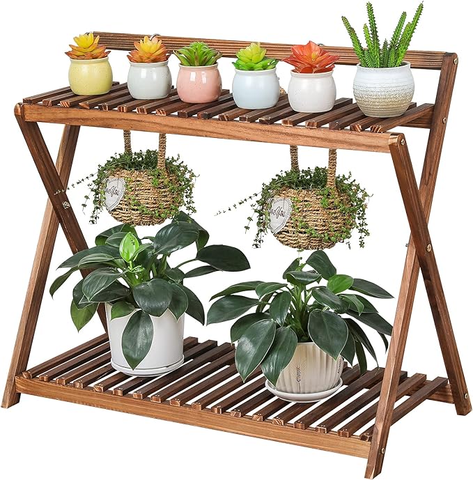 Indoor Plant Stand Shelf for Multiple Plants Hanging 2 Tier Wood | Outdoor by TOVACU
