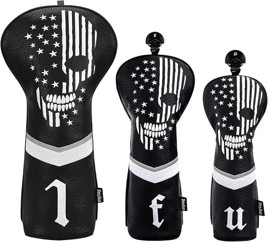 mytag Skull Skeleton Golf Head Covers Black Synthetic Leather Golf Headcovers Set Fits Driver Fairway Wood Hybrid/Utility Putter Iron Wedge Headcover