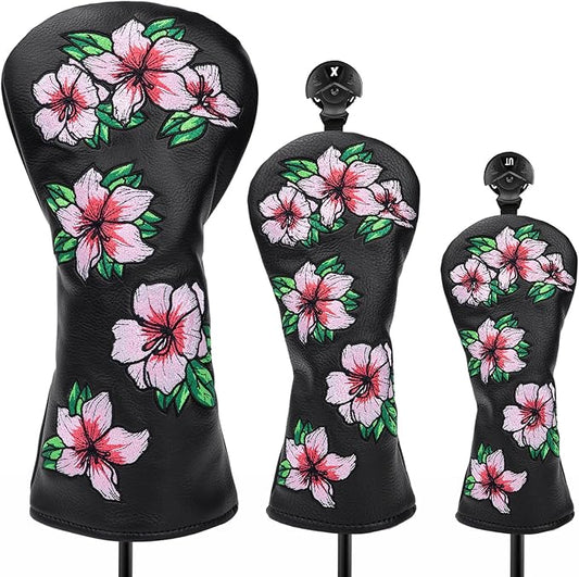 Golf Headcovers Embroidery Driver Cover Fariway Wood Headcover Hybrid Head Covers Leather Golf Club Covers for Most Brand,Black