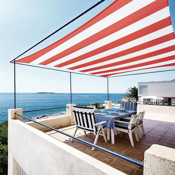 ColourTree TAPR0810 Custom Size 6' x 8' Red & White Stripes Sun Shade Sail by ColourTree