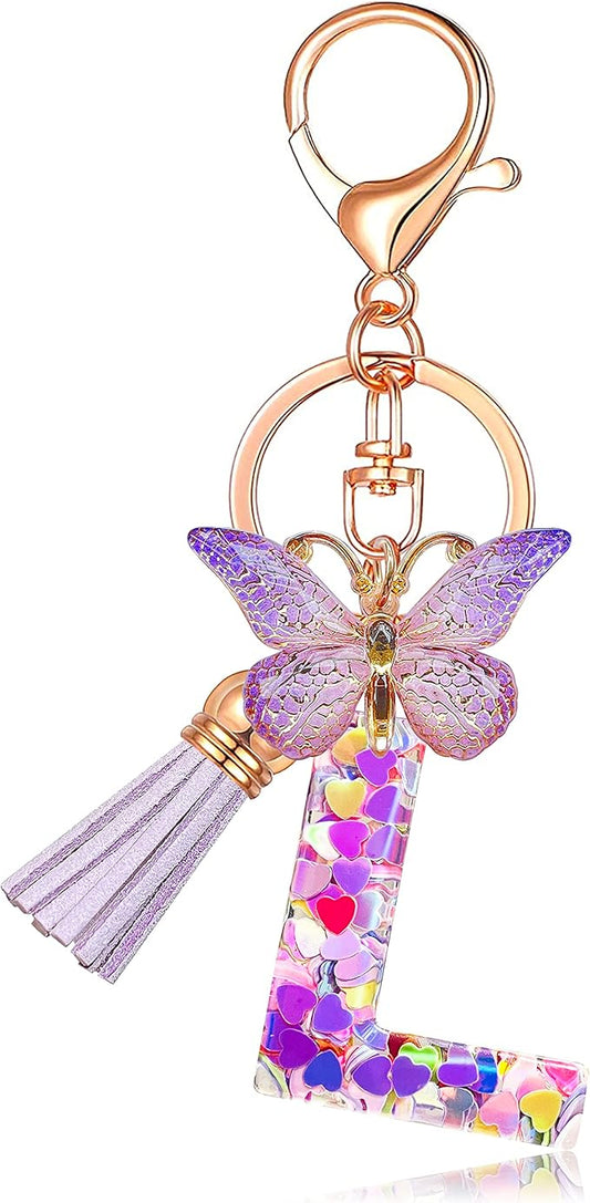 JINGUAZI Initial letter Keychains for Women Tassel Butterfly Pink Purple Cute Car Keychain for Wallet Backpack bag charm