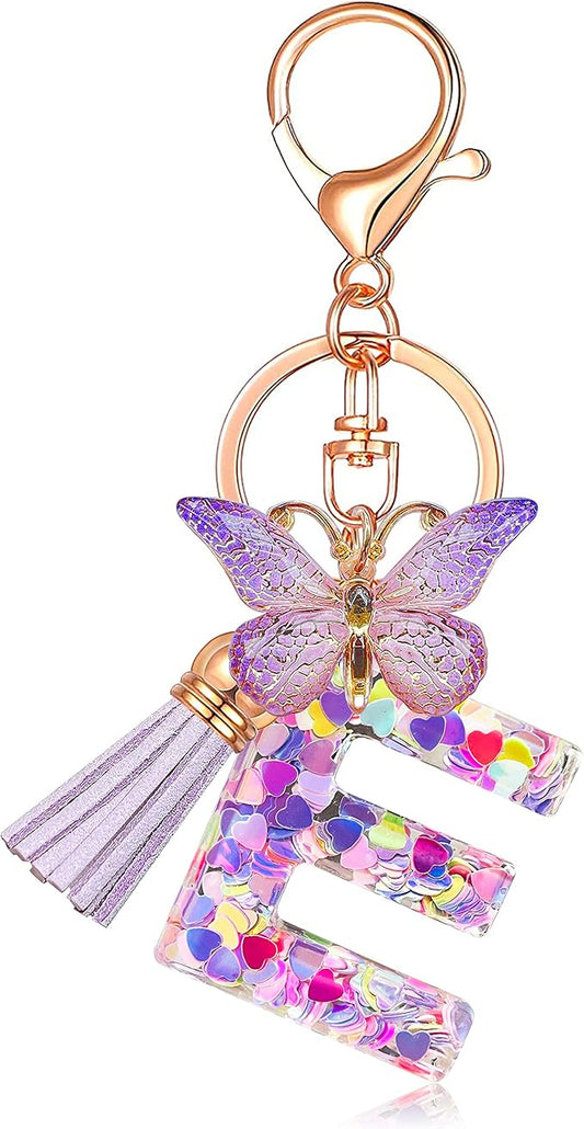 JINGUAZI Initial letter Keychains for Women Tassel Butterfly Pink Purple Cute Car Keychain for Wallet Backpack bag charm
