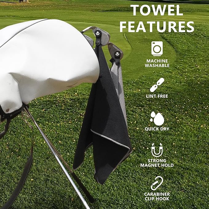 4Monster Golf Towels 2-Pack with Detachable Magnet and Portable Pouch, Quick-Dry Microfiber Golf Towel Set for Golf Bags,Custom Towel Gifts for Men or Women (2, Black)
