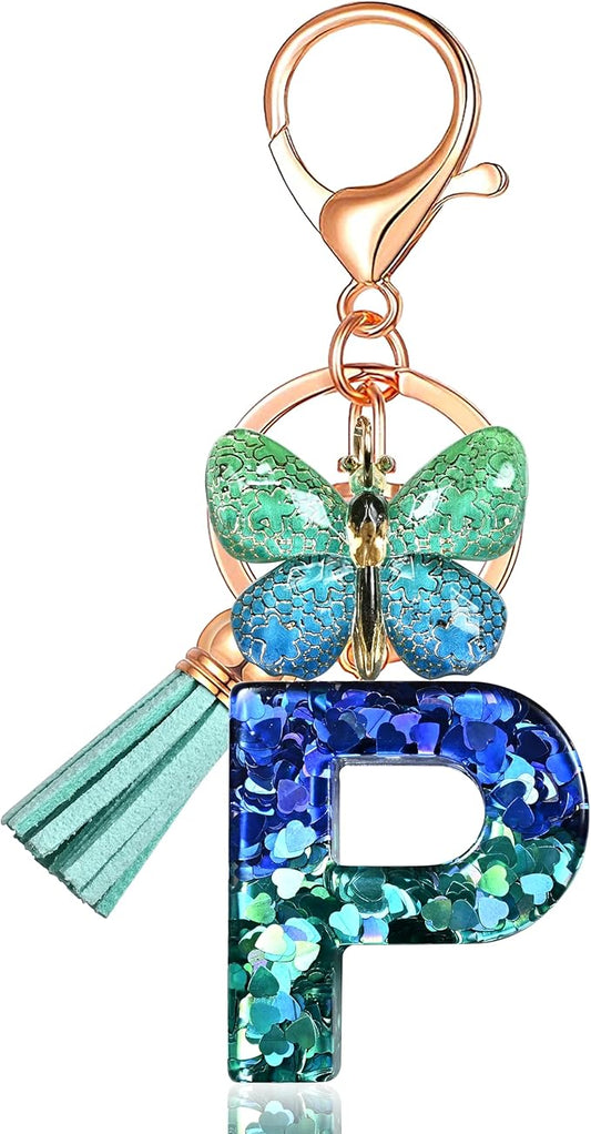 JINGUAZI Initial letter Keychains for Women Tassel Butterfly Pink Purple Cute Car Keychain for Wallet Backpack bag charm