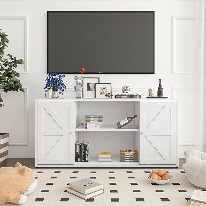 Metal Storage Cabinet with 2 Barn Doors,Farmhouse Sideboard Buffet Cabinet,Pantry Storage Cabinets with Drawers and Shelves, Coffee Bar for Kitchen, Dining Room,Living Room,White TV Stand