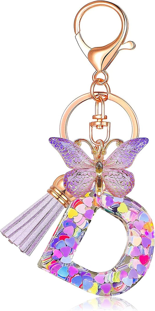 JINGUAZI Initial letter Keychains for Women Tassel Butterfly Pink Purple Cute Car Keychain for Wallet Backpack bag charm