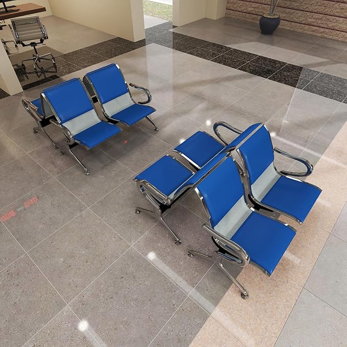 Kinfant 8-Seat Waiting Room Chairs with Arms – Heavy-Duty Steel Frame PU Leather Back & Cushioned Seat, Ergonomic Office Reception Guest Chair for Lobby, Clinic, Airport, Blue