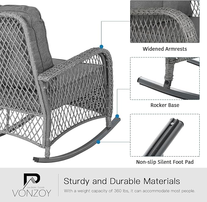 Patio Furniture Set 3 Pieces, Wicker Outdoor Rocking Bistro Set, Backyard or - Image 4