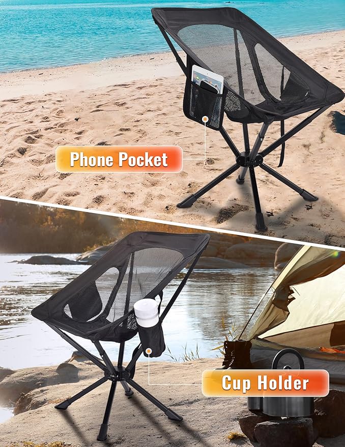Portable Chairs for Adults Foldable, Fast Setup, Lightweight & Small Folding Chair with Cup Holder, Side Pocket and Carry Bag - Support 350 LBS
