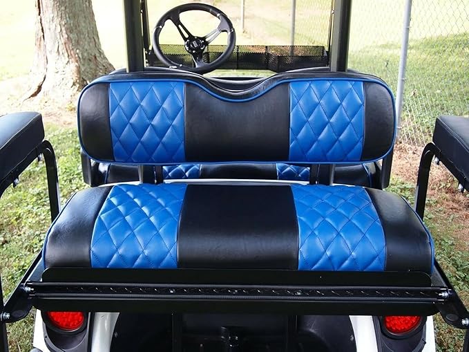 Huskey 4PCS Golf Cart Front/Rear Seat Covers for EZGO RXV 2008-UP G&E Models Custom Two-Tone Black/Blue Diamond Stitching with Blue Piping, Marine Grade Vinyl Material, Staple on Design