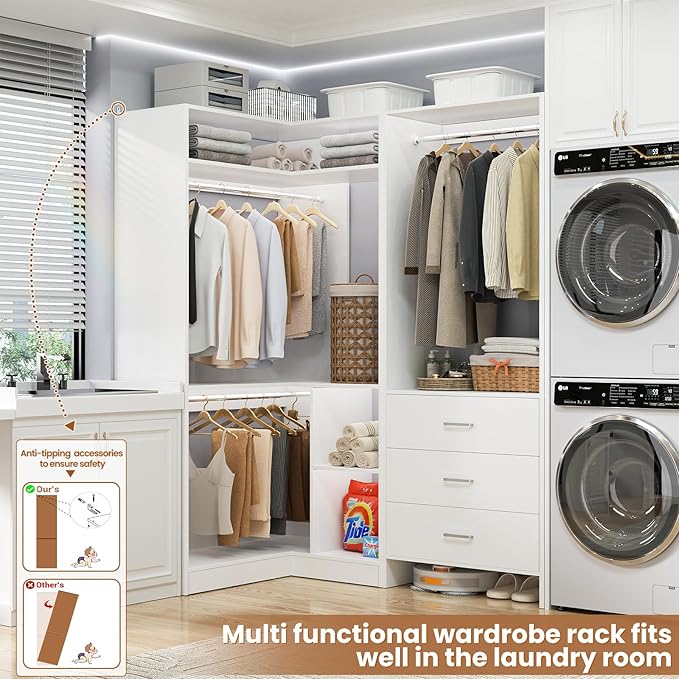 Aheaplus Closet System with 3 Drawers, 2 Hanging Rods & Corner Tower, Corner Closet System with Hanging, L-Shaped Walk-In Wardrobe Organizer, 1300+ lbs Capacity, Set of 2, White