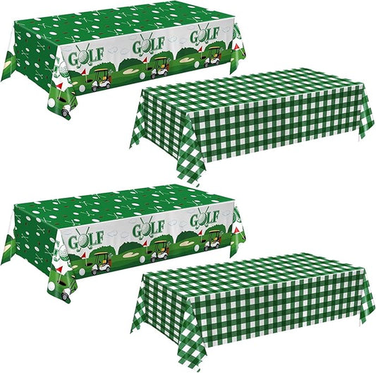 4 Pack Golf Party Tablecloths – Green Gingham Tablecloth and Golf-Themed Plastic Table Covers Disposable Tablecloths for Birthday Outdoor Party Decorations, 54 × 108 Inch