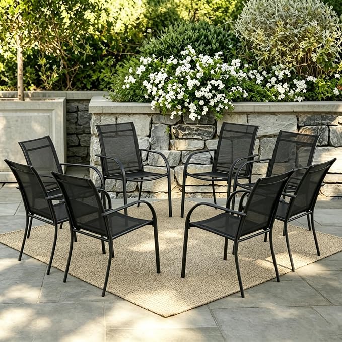 Stackable Patio Chairs Set of 8, Outdoor Dining Chairs by Puntogen